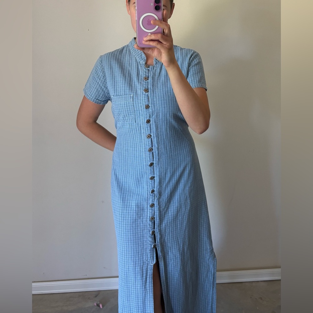 Vintage Button Down Slit Maxi Dress Blue Gingham Plaid Women’s Size 10 / Medium - Picture 4 of 10